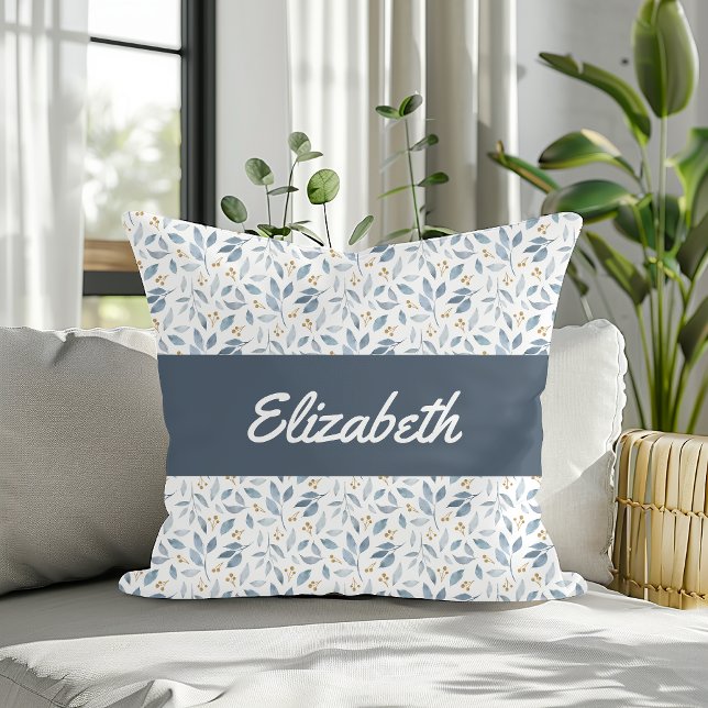 Blauw Aquarel Botanisch Patroon Aangepaste Naam Kussen (Creator heeft geüpload)