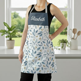 Blauw Aquarel Botanisch Patroon Aangepaste Naam Schort