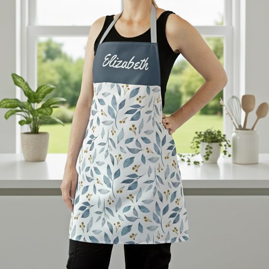 Blauw Aquarel Botanisch Patroon Aangepaste Naam Schort