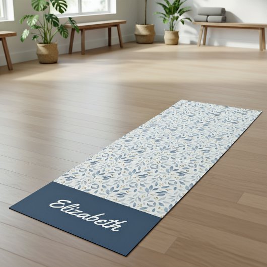 Blauw Aquarel Botanisch Patroon Naam Yogamat