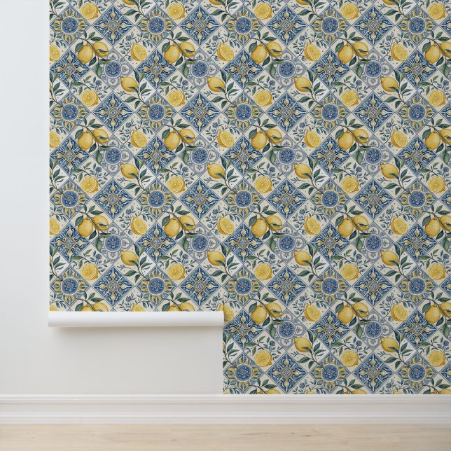 Blauw Aquarel Citroen Behang (Applicatie)