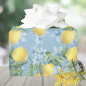 Blauw Aquarel Citroen en Bloemen Cadeaupapier