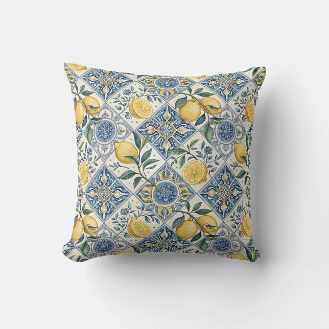 Blauw Aquarel Citroen Kussen (Voorkant)