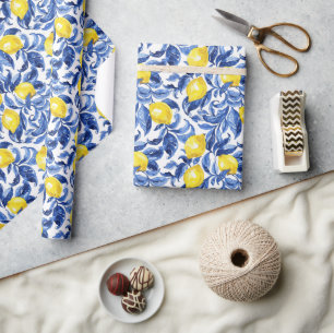 Blauw Aquarel Citroen Patroon Cadeaupapier
