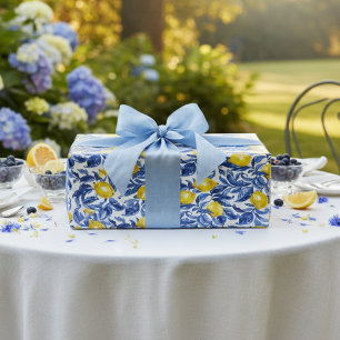 Blauw Aquarel Citroen Patroon Cadeaupapier