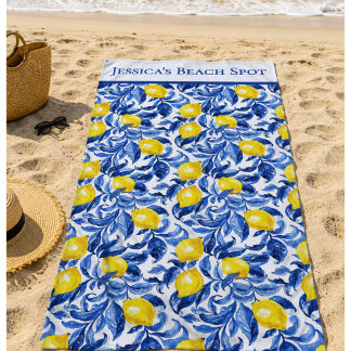 Blauw Aquarel Citroen Patroon Initiaal Strandlaken
