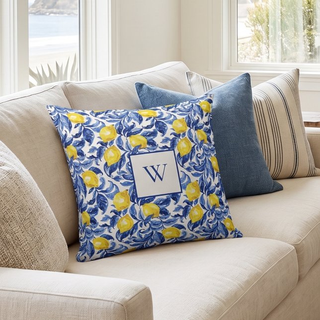 Blauw Aquarel Citroen Patroon Monogram Kussen (Creator heeft geüpload)