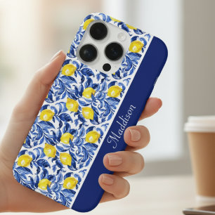 Blauw Aquarel Citroen Patroon Monogram Naam iPhone 16 Pro Hoesje