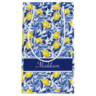 Blauw Aquarel Citroen Patroon Monogram Naam Klein Cadeauzakje