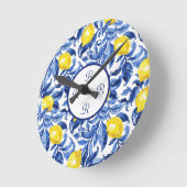 Blauw Aquarel Citroen Patroon Monogram Ronde Klok (Hoek)