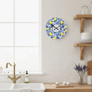 Blauw Aquarel Citroen Patroon Monogram Ronde Klok
