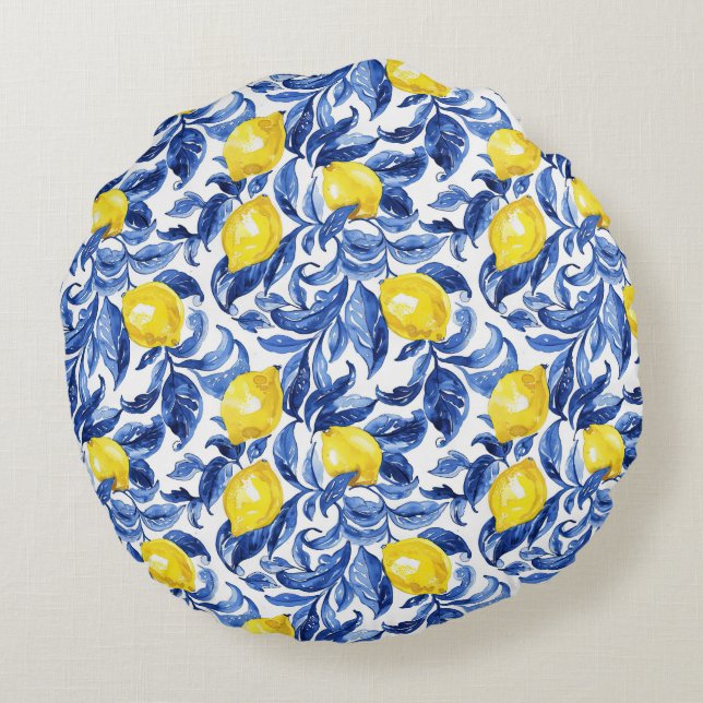 Blauw Aquarel Citroen Patroon  Rond Kussen (Achterkant)