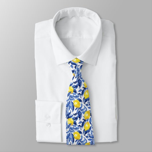 Blauw Aquarel Citroen Patroon Stropdas (Gebonden)