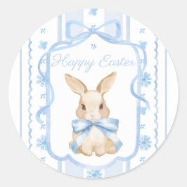 Blauw Aquarel Cottage Boog Konijn Pasen Ronde Sticker