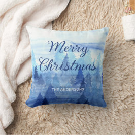 Blauw Aquarel Dennenbomen Winter Prettig Kerstfees Kussen