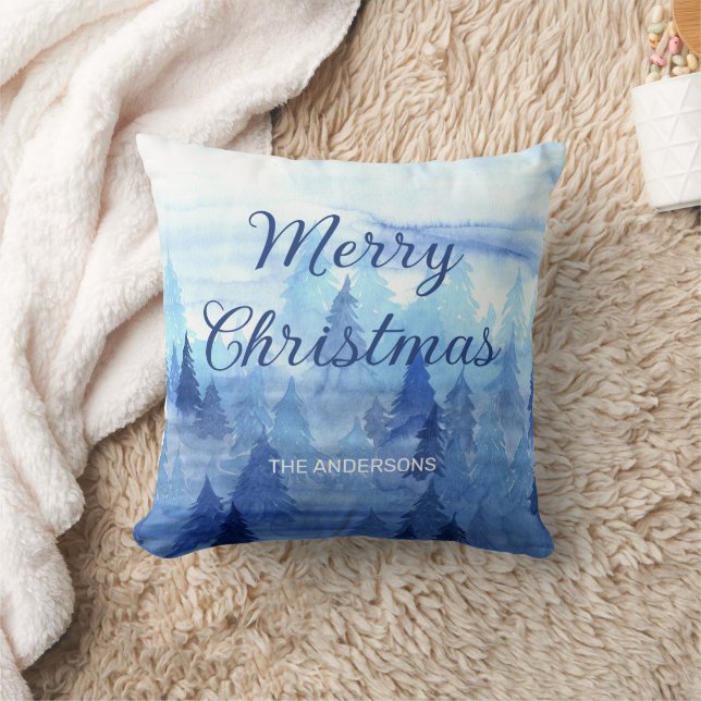 Blauw Aquarel Dennenbomen Winter Prettig Kerstfees Kussen (Deken)