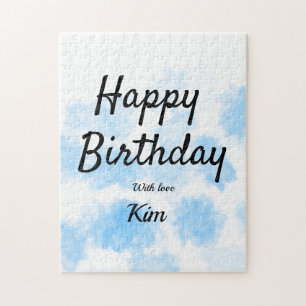 Blauw aquarel eenvoudig verjaardag voeg je naam cu legpuzzel