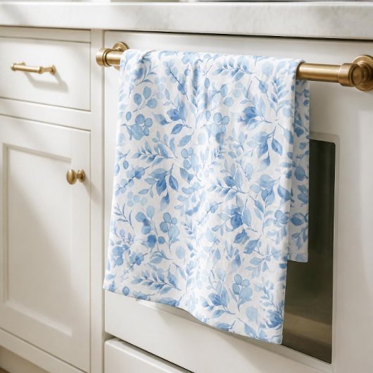 Blauw Aquarel Elegant Bloemmotief Theedoek