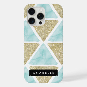 Blauw Aquarel en Gedrukte Glitter Driehoeken iPhone 15 Pro Max Hoesje