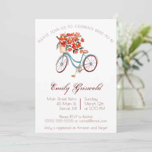 Blauw Aquarel Fiets Bloem Bruiloft Feest Kaart (Staand voorkant)