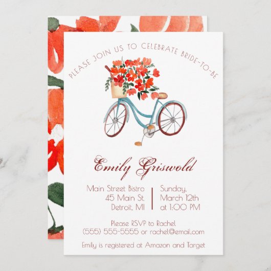 Blauw Aquarel Fiets Bloem Bruiloft Feest Kaart (Voorkant / Achterkant)