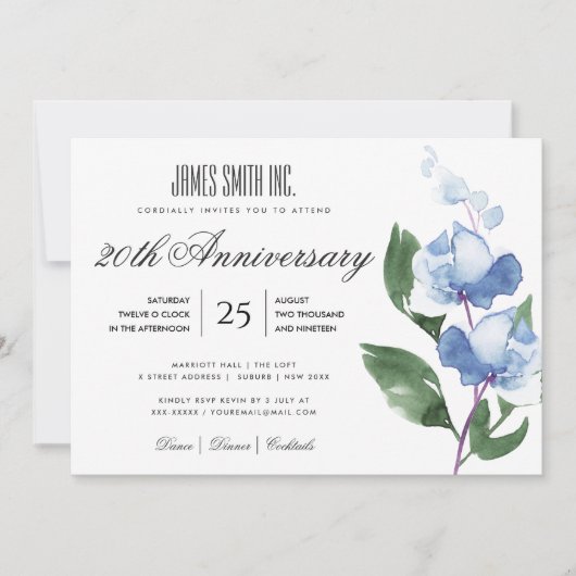 BLAUW AQUAREL FLORALE ZAKELIJKE FEEST EVENT KAART (Voorkant)