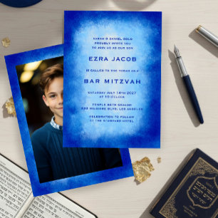 Blauw Aquarel Frame Aangepaste FOTO Bar Bat Mitzva Kaart