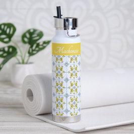 Blauw Aquarel Frans Landelijk Citroen Naam Monogra Waterfles