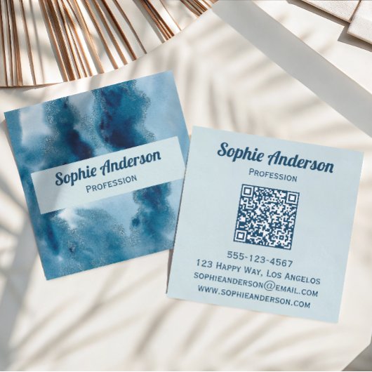 Blauw Aquarel Geode QR Code Professioneel Vierkante Visitekaartje