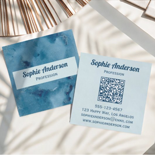 Blauw Aquarel Geode QR Code Professioneel Vierkante Visitekaartje