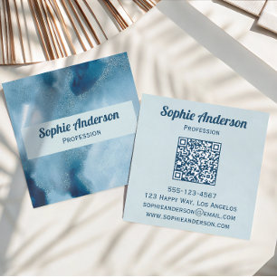 Blauw Aquarel Geode QR Code Professioneel Vierkante Visitekaartje