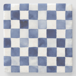 Blauw Aquarel Geruit Decoratie Steen Onderzetter