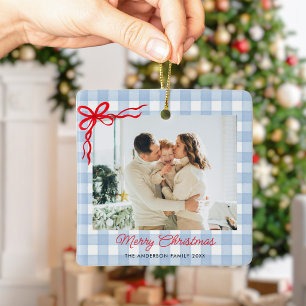 Blauw Aquarel Gingham Kerst Foto Keramisch Ornament