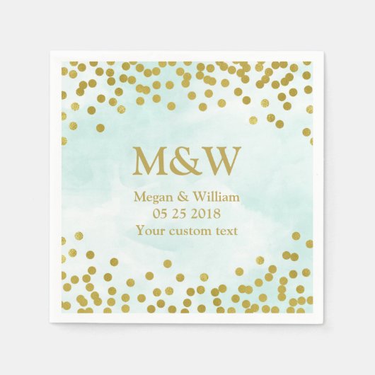 Blauw Aquarel Goud Confetti Trouwservet Servetten (Voorkant)