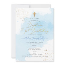 Blauw Aquarel Goud Doop+1e Verjaardag