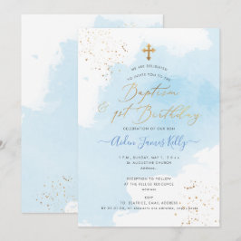 Blauw Aquarel Goud Doop+1e Verjaardag Kaart