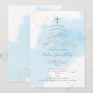Blauw Aquarel Goud Doop+1e Verjaardag Kaart