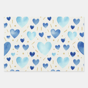 Blauw Aquarel & Goud Glitter Harten Inpakpapier Vel