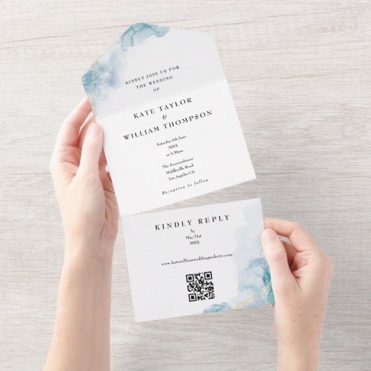 Blauw Aquarel Goud Glitter QR Code Bruiloft All In One Uitnodiging (Afscheurbaar)