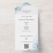 Blauw Aquarel Goud Glitter QR Code Bruiloft All In One Uitnodiging (Binnen)
