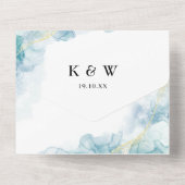 Blauw Aquarel Goud Glitter QR Code Bruiloft All In One Uitnodiging (Achterkant)
