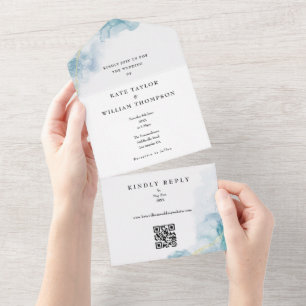 Blauw Aquarel Goud Glitter QR Code Bruiloft All In One Uitnodiging