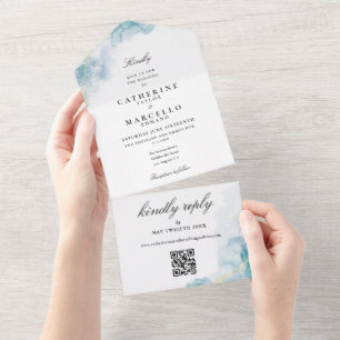 Blauw Aquarel Goud Glitter QR Code Bruiloft All In One Uitnodiging