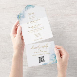 Blauw Aquarel Goud Modern QR Code Huwelijk All In One Uitnodiging
