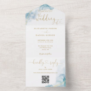 Blauw Aquarel Goud Schrift Harten QR Code Trouwen All In One Uitnodiging