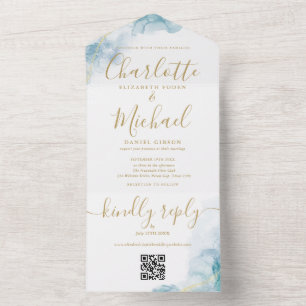 Blauw Aquarel Goud Schrift QR Code Trouwen All In One Uitnodiging