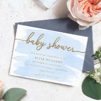 Blauw Aquarel Gouden Baby Shower Uitnodiging