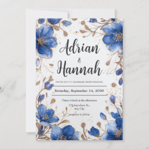 Blauw Aquarel Gouden Glitter Bloem Bruiloft Kaart