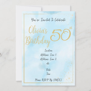 Blauw Aquarel & Gouden Rand Verjaardagsuitnodiging Save The Date