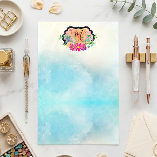 Blauw Aquarel Helder Bloemenkroon Monogram Briefpapier